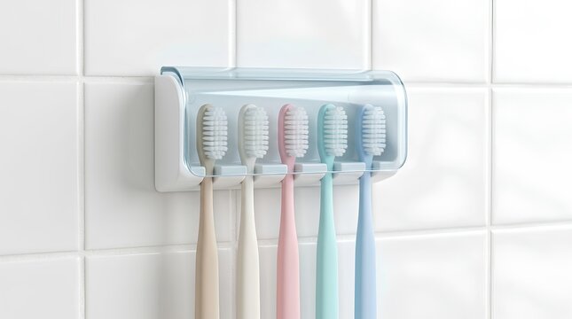 Wall Mounted Toothbrush Holder with Five Pastel Colored Toothbrushes on Bathroom Tile Background