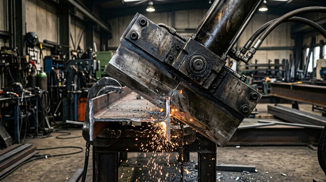Heavy industrial machine cutting through steel H beam in workshop
