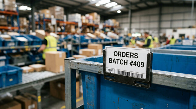 Industrial warehouse workers processing order batch 409 for shipping