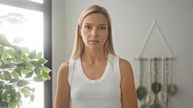 Woman wearing white tanktop facing camera, bare shoulders visible in a studio with houseplant and macrame wall hanging; calm reflection.