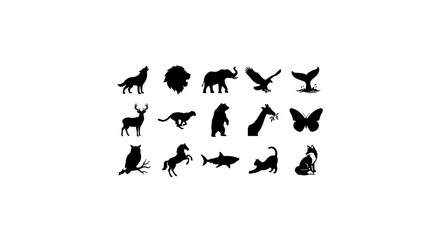 Fototapeta premium Diverse Animal Silhouettes Collection, Wild Fauna Icons, Nature Wildlife Vector Graphics