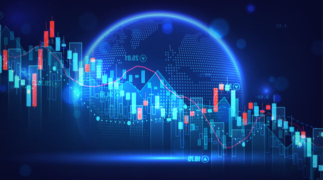 Abstract global business background with wireframe globe and dynamic financial candlestick charts on blue. 