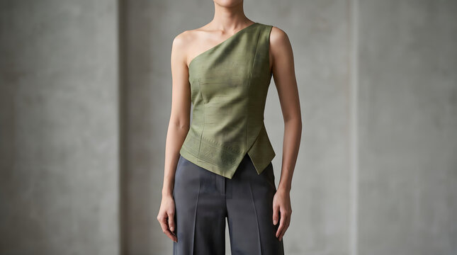 Elegant woman wearing a modern olive green asymmetric one-shoulder top made of Thai silk fabric standing in a minimalist concrete hall