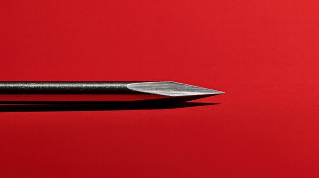 A sharpened steel nail rests horizontally across a vibrant crimson surface creating a sense of impending danger or precise construction work that highlights the metallic texture