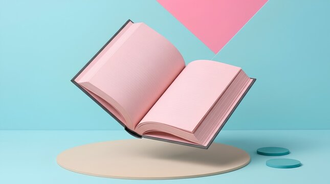 Open Floating Book Mockup with Pink Pages on Pastel Blue and Pink Geometric Background