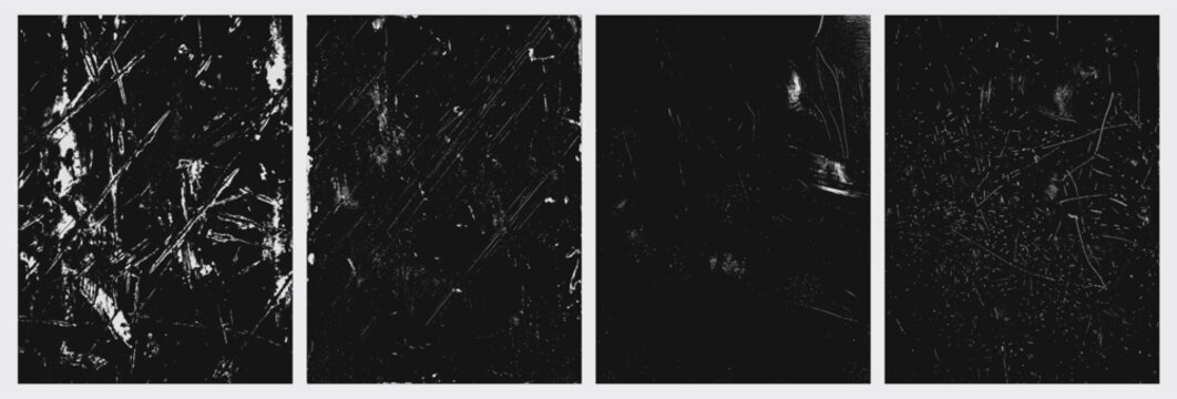 Four seamless black and white grunge textures with distressed scratches and a rough weathered appearance