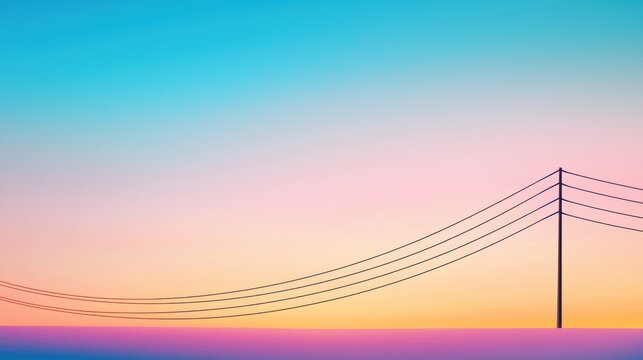 high voltage power line Colourful Silhouette clean line Silhouette of high voltage power lines with vibrant rainbow colors glowing against a twilight sky, creating a striking visual contrast.