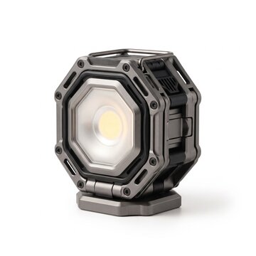 Industrial LED work light with rugged metallic octagonal frame, portable tactical flashlight for construction, heavy duty floodlight