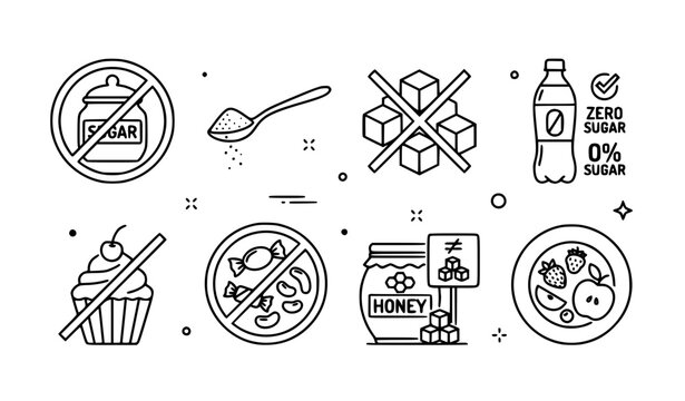 No Added Sugar Zero Sweetener and Reduced Sugar Healthy Diet Outline Icon Collection
