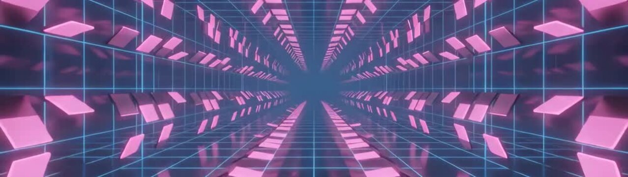 Digital data tunnel with glowing pink elements and blue grid abstract technology background for network and communication concepts.