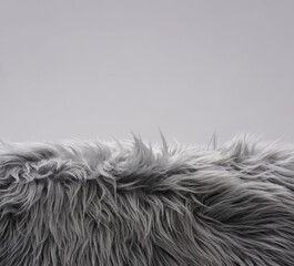 Fluffy grey faux fur rug edge on neutral background for home interior design © stokkete