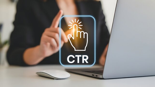 Businesswoman analyzing digital marketing click through rate CTR metrics on laptop