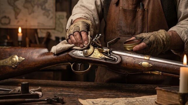 gunsmith in leather apron cleaning antique flintlock musket on wooden workbench. restoring historical weapon. vintage tools, candlelight, old maps. history concept, banner, website header.