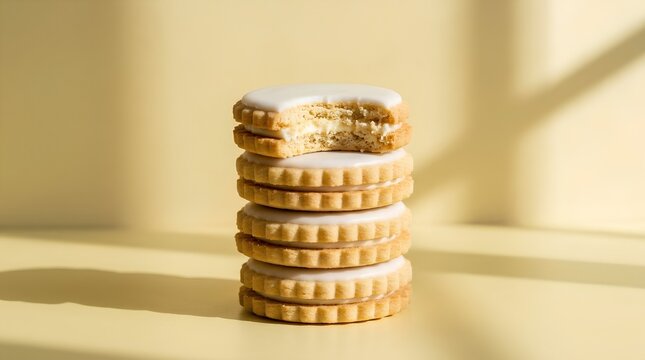 Stack of Frosted Sandwich Cookies on Yellow Background with Top Cookie Bitten