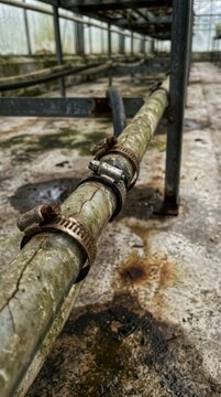 Closeup of corroded greenhouse pipe with metal clamps and cracked paint for grunge industrial detail and texture background