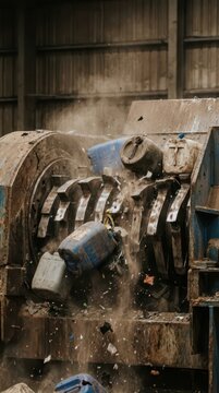 Industrial shredder ejecting crushed plastic jugs and containers with dust and fragments at a recycling plant for material recovery and facility process visuals