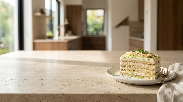 A slice of delicious layered icecream gelatine v dessert with lime zest and mint garnish on a kitchen counter with copy space and natural window light.