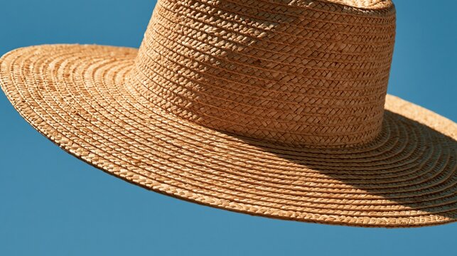 A weathered straw fedora rests under the intense midday sun to protect a person from high temperatures during a relaxing vacation spent wandering through sandy beaches by the deep azure ocean