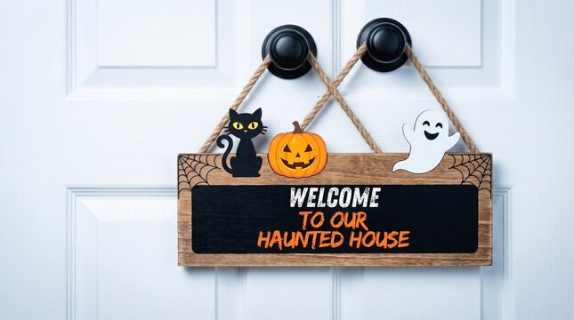 Halloween Welcome Door Sign with Pumpkin Cat and Ghost Hanging on White Front Door