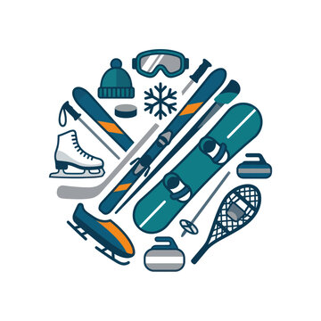 Winter Sports Equipment Circle Graphic: Skiing, Snowboarding, Skating, Curling, Bobsled