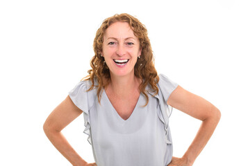 Fototapeta premium Happy mature woman on studio white background with nice portrait