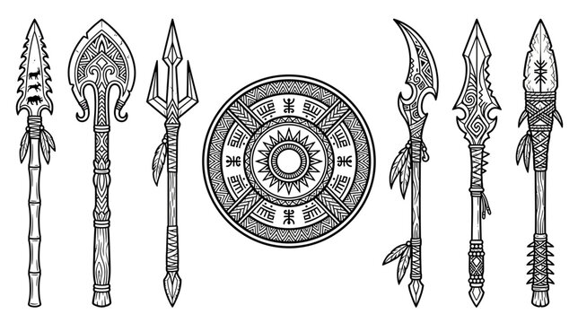 Tribal Weapons and Shield Collection Isolated