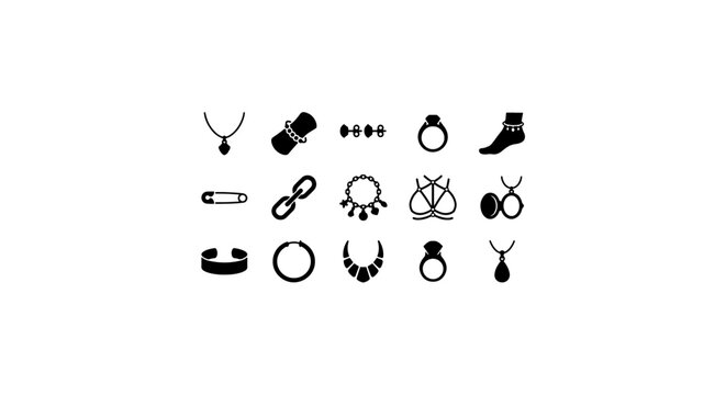 Jewelry Icons Vector Set: Necklaces, Rings, Bracelets, Anklets, Earrings, Charms, Brooches