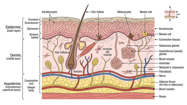 Cross-section of human skin layers diagram