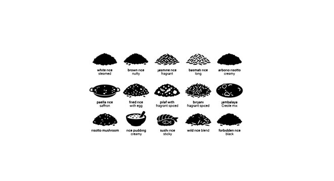 Collection of Rice Varieties, Grains, and Culinary Ingredients, 18 Icons, Vector Set