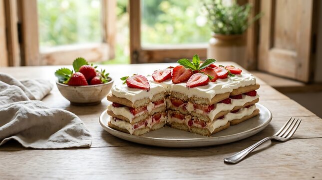 Chilled strawberry cream cake with fresh berry layers and mint on a rustic wooden table under soft natural light, perfect for icecream gelatine v dessert inspiration