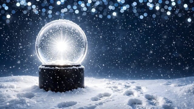 Glowing snow globe sitting on a snowy ground at night