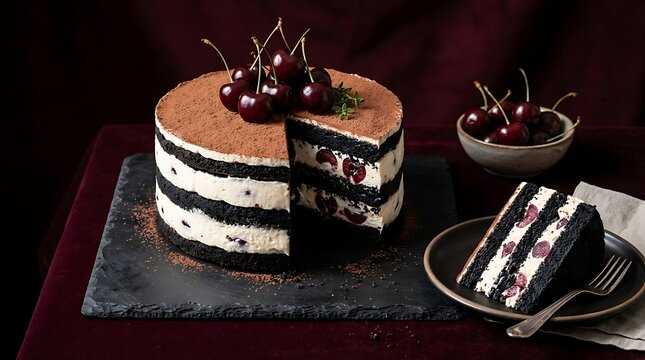 Delicious dark chocolate black forest cake with layered cream and fresh cherries on a dark background, styled for a professional icecream gelatine v theme.