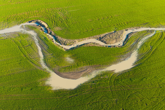 A stream of water running through a newly planted green field