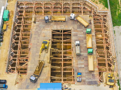 Aerial View Foundation Excavation with Steel Beam Shoring
