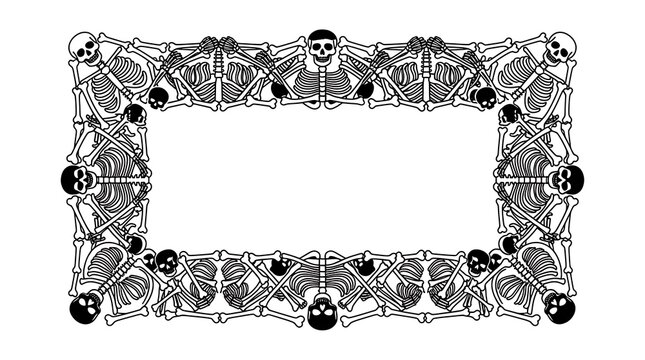 Ornate gothic halloween skeleton and skull frame border vector black and white