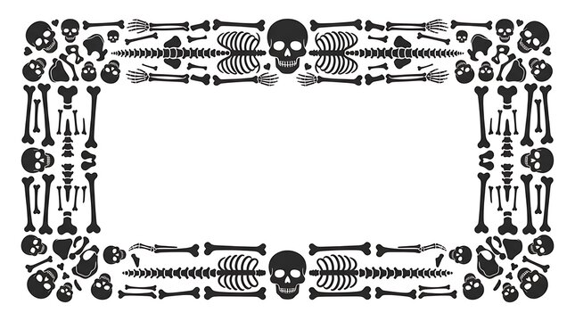 Black and white halloween skeleton bones and skulls frame border vector