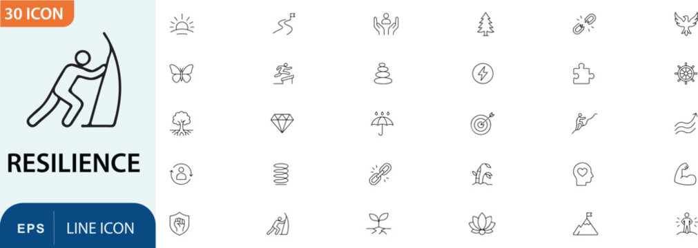 Collection of thin line vector icons representing resilience and human strength and personal growth concepts
