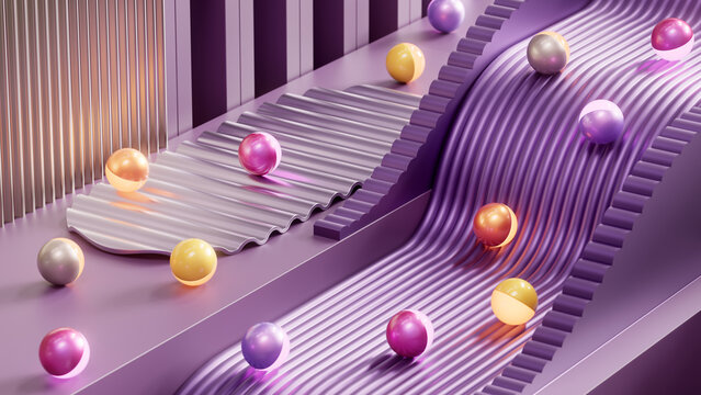 Glowing Spheres Flowing Across Sculptural Purple Architecture