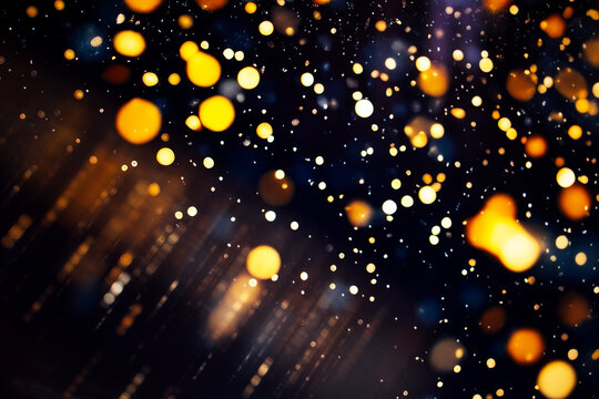 Abstract golden bokeh lights on a dark background creating a festive atmosphere, with blurred circles and streaks of light for decorative use in design projects