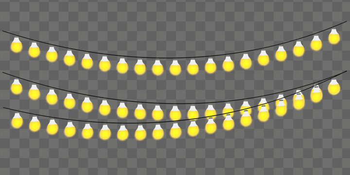 Two strands of glowing yellow string lights on a transparent background for festive celebrations and holiday decorations