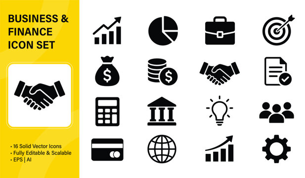 Business and Finance Icon Set, Solid Vector Icons for Banking, Money, Investment, and Marketing Concepts