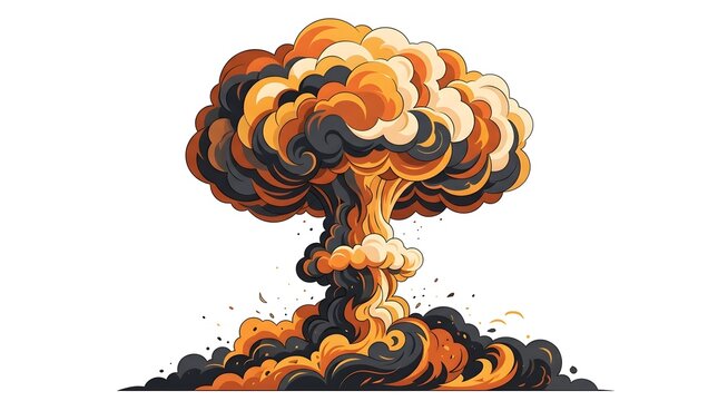 Cartoon style nuclear explosion mushroom cloud isolated on white background
