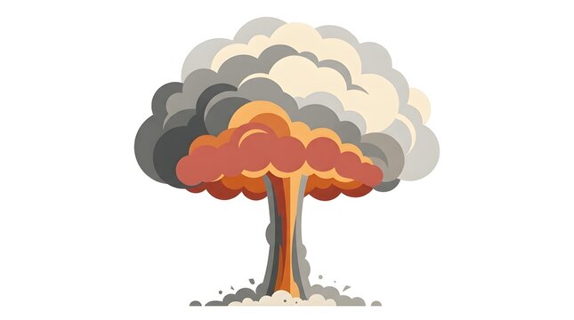 Flat vector illustration of a massive nuclear mushroom cloud explosion on white background