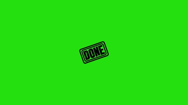 Done stamp animation with black ink texture isolated on a bright chroma key green background