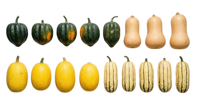 Collection of various colorful winter squash and pumpkin varieties arranged in rows for harvest and cooking