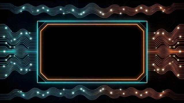 Neon circuit board frame with glowing light nodes