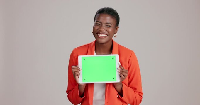 Black woman, face and tablet green screen in studio for app launch, software update and display mockup. Person, excited and tech with tracking markers for subscription promo on white background space