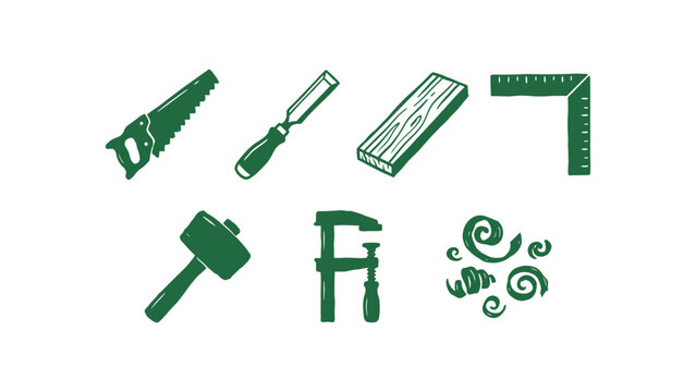 Woodworking and carpentry tools vector icon set featuring saw chisel mallet clamp ruler and wood shavings