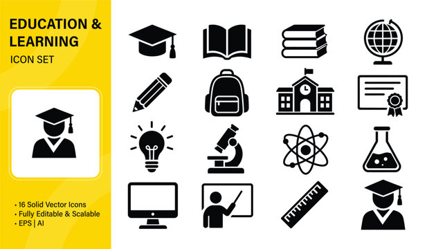 Education and Science Icon Set, Solid Vector Icons for School, E-Learning, Study, and Knowledge Concepts