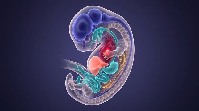 Anatomical visualization of human embryo development highlighting internal organs and systems with embryonic development embryo anatomy medical illustration prenatal growth fetal development